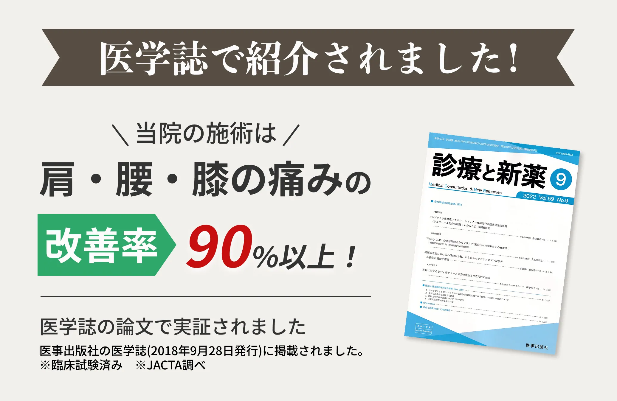 医学誌で紹介されました！ \当院の施術は/ 肩・腰・膝の痛みの改善率90%以上！ 医学誌の論文で実証されました。医学出版社の医学誌(2018年9月28日発行)に掲載されました。※臨床試験済み ※JACTA調べ　「診療と新薬」の表紙